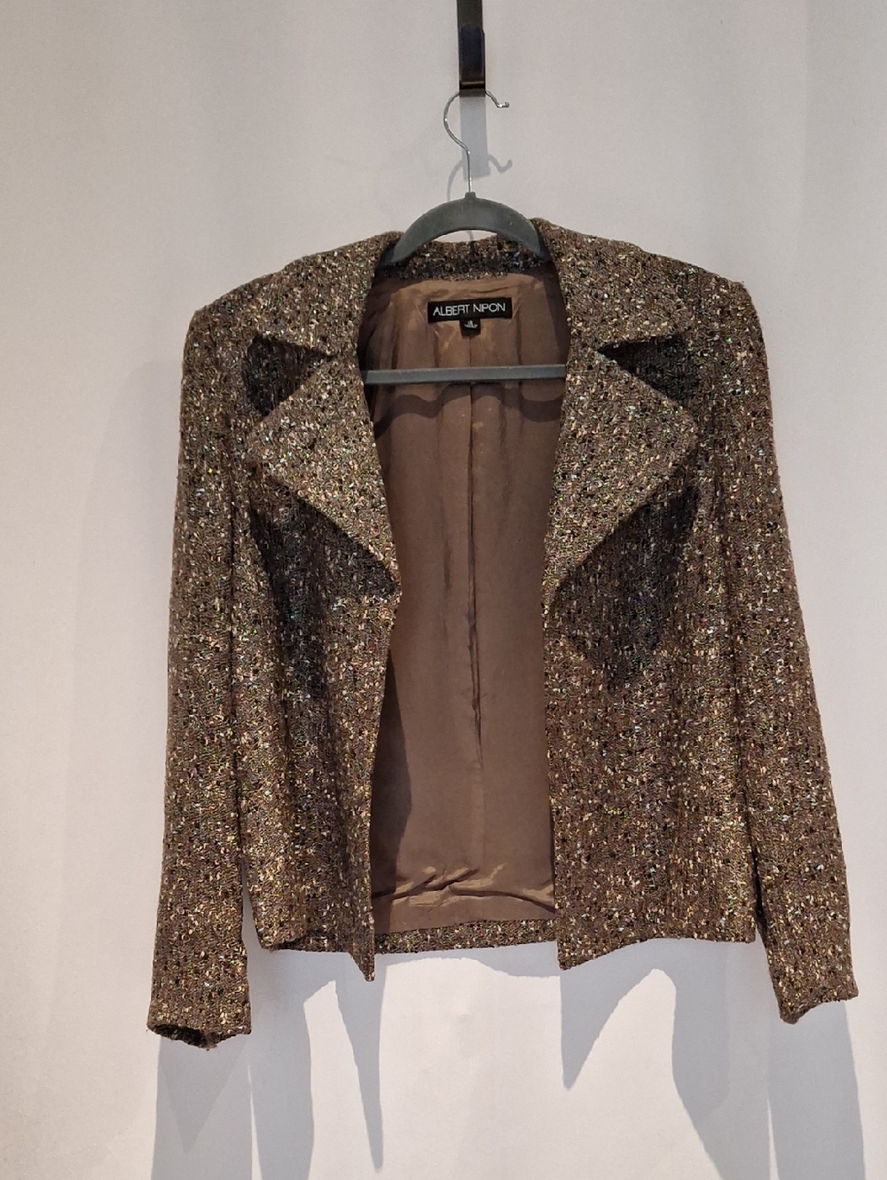 Albert Nipon Multitone Brown Metalic Tweed Open Front Blazer